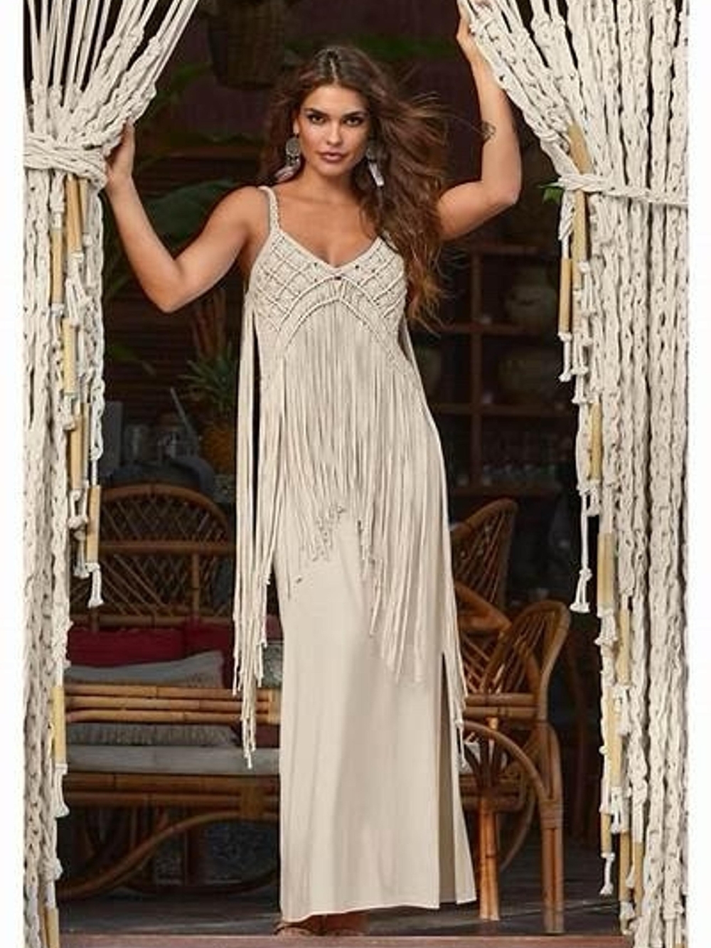 Boston Proper Cream Fringe Maxi Dress